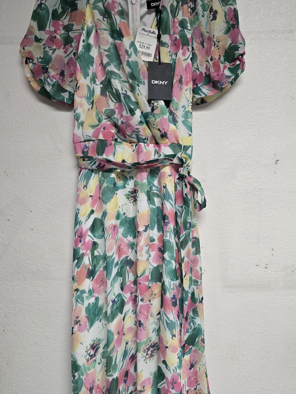 DKNY Floral Wrap Midi Dress in Pink, Green & Yellow